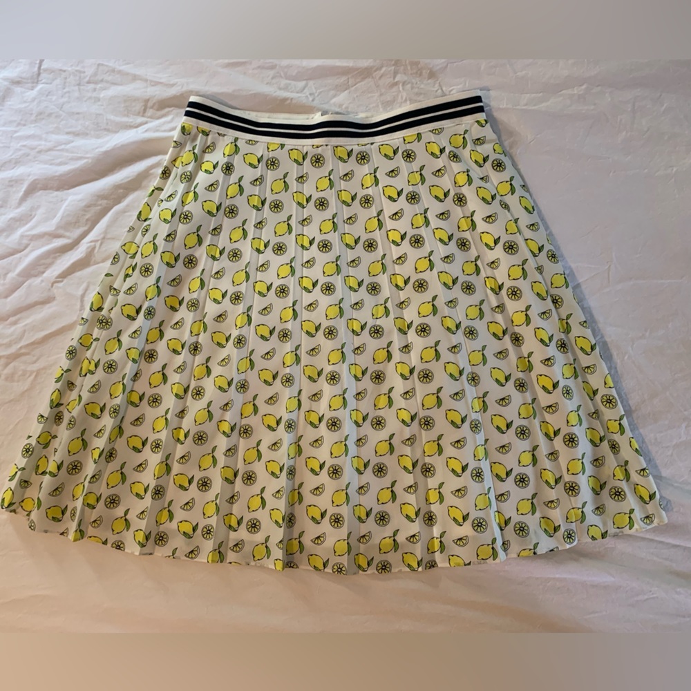 J. Crew Factory White Pleated Skirt with Yellow Lemon Print and Black Waistband
